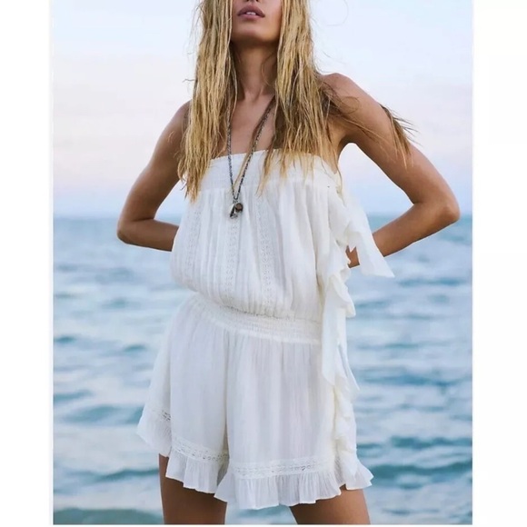 FREE PEOPLE Feelin' Fancy Romper Feminine Ethereal Ruffles Ivory Medium NWT - Picture 14 of 16
